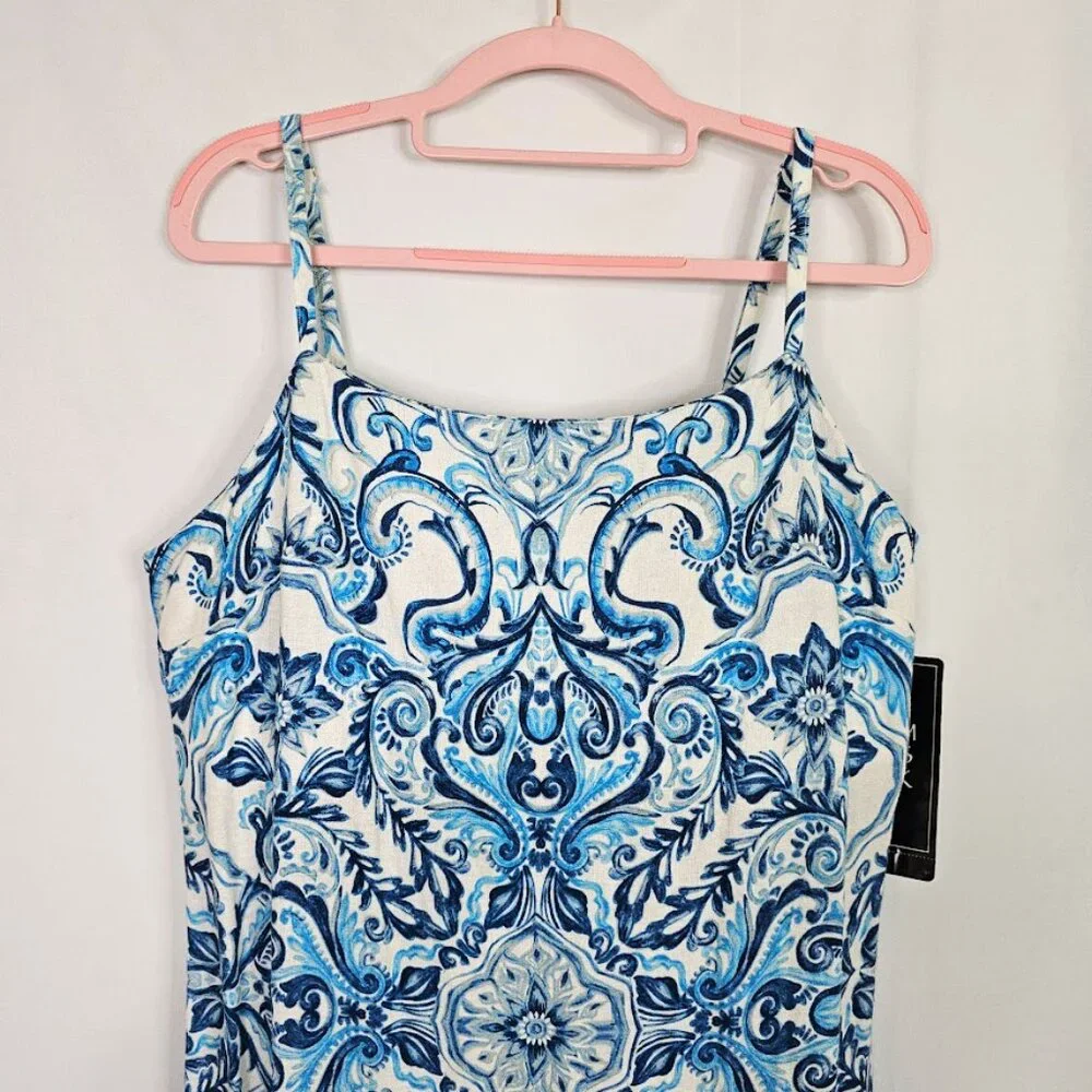 NWT MSK Linen Midi Dress SPELLBOUND BLUE & WHITE FLORAL size L 12-14 Sundress - Picture 3 of 12